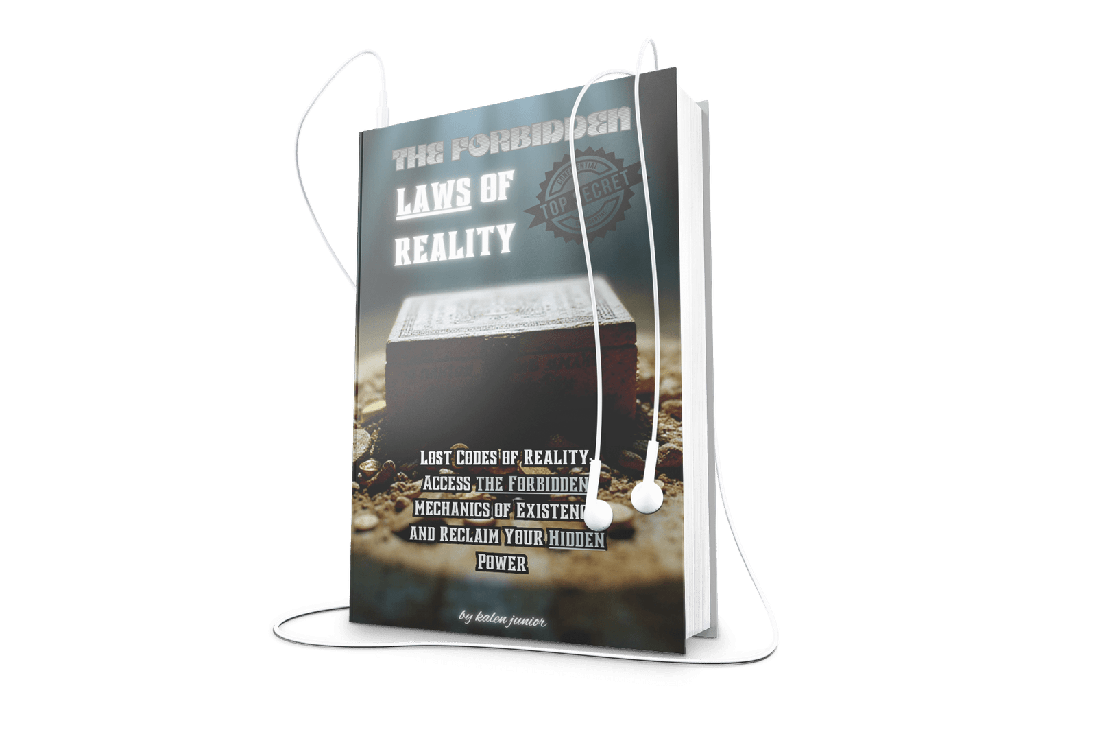 An audiobook version of "The Forbidden Laws of Reality" featuring a glowing box cover and earphones attached.