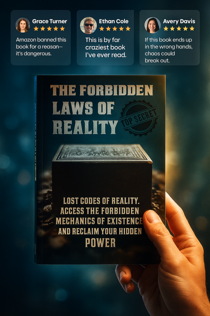 A hand holding the book "The Forbidden Laws of Reality" with a glowing box on the cover and reader testimonials above it.